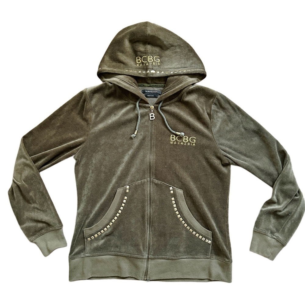 BCBGMaxAzria Olive Green Velour Zip Up Embroidered Studded Size Large